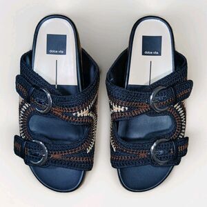 ​DOLCE VITA New Crochet Platform Slide Sandals Women's Size 8.5 Cork Weave Black